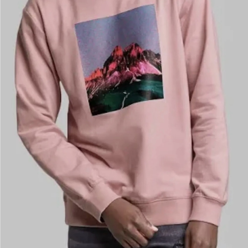 Men’s Pullover Sweatshirt Top Mountain Landscape Print Original Use Size XS Pink